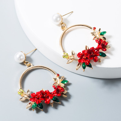 Aylana Red Floral Hoop Korean Drop n Dangler Earrings Pearl, Zircon Alloy Hoop Earring