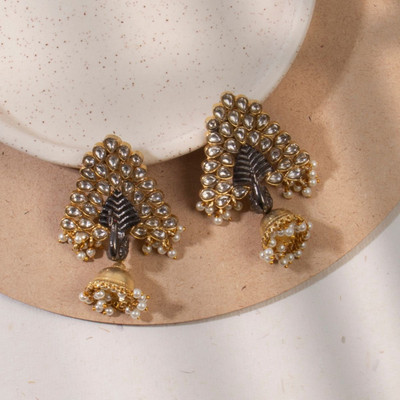 ANOUK Silver Plated Dual Tone Oxidized Kundan Peacock Design Antique Jumka Earrings Brass Jhumki Earring