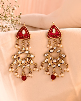 DASTOOR Gold-Plated Red Kundan Chandbali Earrings Pearl & Bead Drop Traditional Pearl Alloy Chandbali Earring
