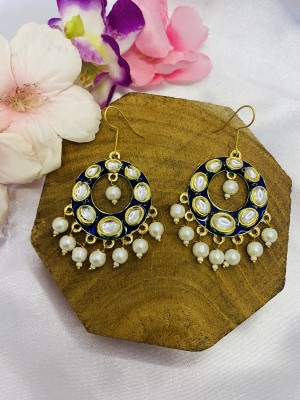 MK Jewellers Kundan Blue Meenakari Bali Zircon Brass Hoop Earring, Earring Set