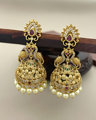 PBM CREATIONS GOLD PLATED AD STONE WEDDING JHUMKI / PEARL STUD / KUNDAN BEADS EARRING Copper Drops & Danglers, Jhumki Earring