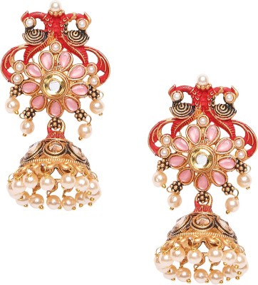 Oomph Red & Pink Meenakari Enamel Kundan Peacock Shape Jhumka Beads, Crystal Alloy Jhumki Earring