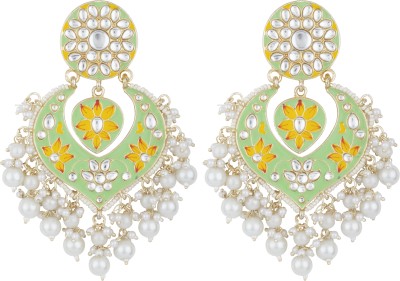 SPARGZ Spargz Enamel Floral Gold Plated Kundan & Pearl Chandbali Earring For Women Ruby, Pearl Alloy Chandbali Earring