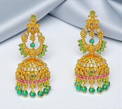 Manaal Manaal Designer CZ Jhumkhas with Green Crystal Beats for Women's and Girls Cubic Zirconia Brass Chandbali Earring, Jhumki Earring
