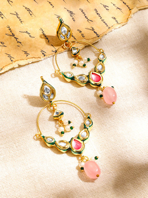 RUBANS 22K Gold-Plated Green Enamel Kundan Studded Pastel Pink Beaded Chandbali Brass Chandbali Earring