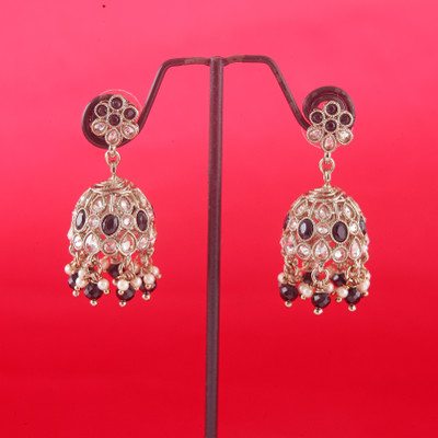 Saloni Fashion Jewellery Flower Shape Black Kundan Stone Antique Gold Plated Jhumki Earring For Women Cubic Zirconia Alloy Jhumki Earring