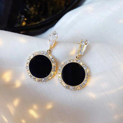 DESTINY JEWEL'S Gold Plated Creative Korean Style Black Round Rhinestone Décor Earrings Set Cubic Zirconia Alloy Earring Set, Drops & Danglers