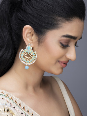 RUBANS Gold Plated Chandbali Earrings With Studded Blue Stones and beads Alloy Chandbali Earring