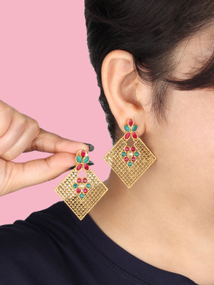 Arti creations Gold Plated Kundan Studded Meenakari Beads Drop Dangler Chandbali Earrings Cubic Zirconia Brass, Alloy Chandbali Earring, Drops & Danglers
