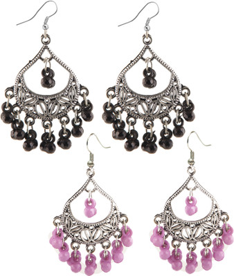 Creative Frogs Set of 2 Oxidized Silver-Toned Chandbali Earrings with Black & Purple Bead Alloy Jhumki Earring