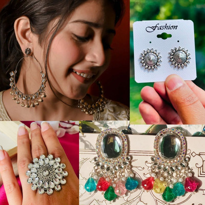 Ashir Oxidised chandbali Earrings and stylish ring and tops for women and girls Alloy Chandbali Earring