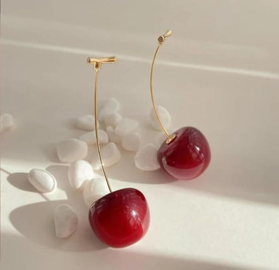Devisha Trinkets Cute Fruit Cherry Drop Korean Earrings Cubic Zirconia Alloy Stud Earring, Drops & Danglers, Plug Earring