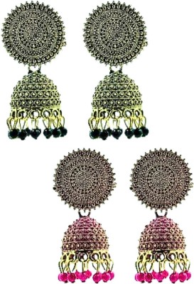 Pink Stone by Valentina Pack of 2 Gold-Toned Jhumkas | Green & Pink Drop Earrings Alloy Jhumki Earring