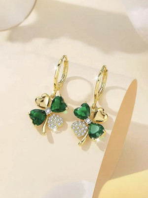 DESTINY JEWEL'S New Trendy Exclusive Korean Style Heart Shape Four Leaf Green Crystal Earrings Cubic Zirconia Alloy Drops & Danglers, Hoop Earring, Stud Earring