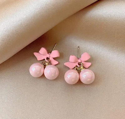 The Splendid Korean Trendy Cute Pink Bow & Pearl Ball Stud Earrings for Girls and Women Pearl Mother of Pearl Earring Set