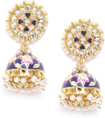 GOLDEN PEACOCK Navy Blue and Gold-Toned Floral pattern Dome Shaped Jhumkas For Women Alloy Jhumki Earring