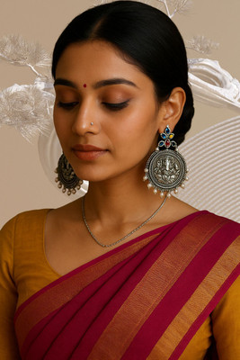 brassjewel Designer Oxidised Silver Ganesh Ethnic Jhumka Style with Colour Stones & Pearls Brass Jhumki Earring