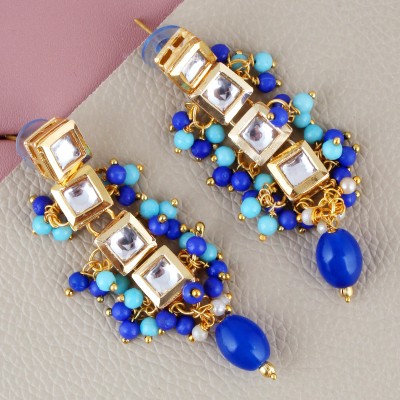 Lucky Jewellery Traditional Back Meenkari Gold Plated uncut kundan Firoji Blue Earrings Beads Alloy Drops & Danglers