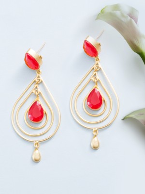 GOLDEN PEACOCK Gold-Toned & Red Teardrop Shaped Drop Earrings Beads Alloy Drops & Danglers