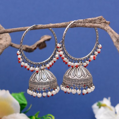 Tanusha Jewels Oxidised Hoop Jhumki Earrings for Womens Pearl Brass Jhumki Earring