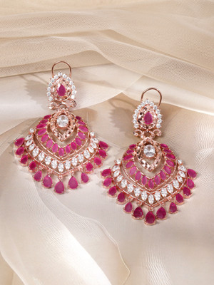 RUBANS 18K Rose Gold-Plated Ruby Pink & CZ Stone Multi-Layered Drop Chandelier Brass Drops & Danglers