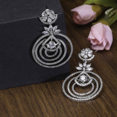 ZENEME White American Diamond studded Floral & Circular Layered Drop Earrings Cubic Zirconia Brass Drops & Danglers