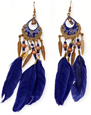 VATIYAANA Golden Plated Blue Feather Danglers for Women & Girls Birthday, Anniversary Gift Alloy Drops & Danglers