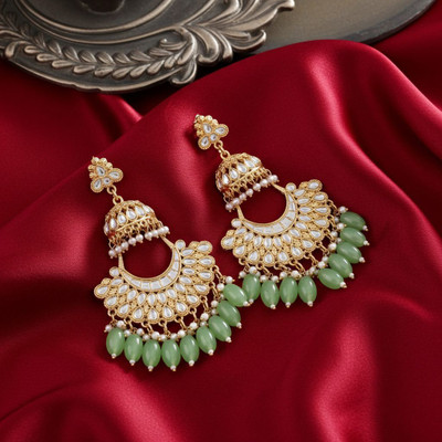 TESSARA Stone with Small Pearl Light Green Beads Chandelier Earring for Women & Girls Alloy Drops & Danglers