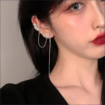 Daliva Korean Chain Tassel Threader Flower Ear Cuff Earrings For Women/Girls Cubic Zirconia Alloy Cuff Earring