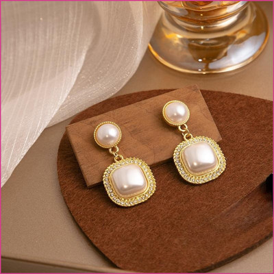 Nehdal Gold-Plated Amazing Korean Square AD-Pearl Earrings For Girls And Women Cubic Zirconia Alloy Drops & Danglers
