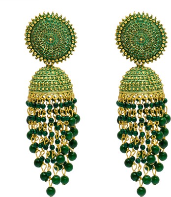 Shining Jewel Antique Gold Plated Green Meenakari, CZ, Pearls Jhumka Earrings Women Cubic Zirconia Brass Jhumki Earring