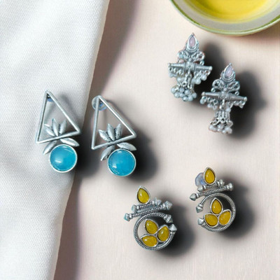 DANGAR ENTERPRISE Silver Oxidised Ethnic Stone for Women Alloy Stud Earring
