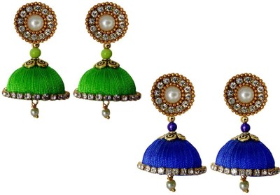 Tia Crafts Handmade Silk Thread Lawn Green and Blue Fabric Jhumki Earring