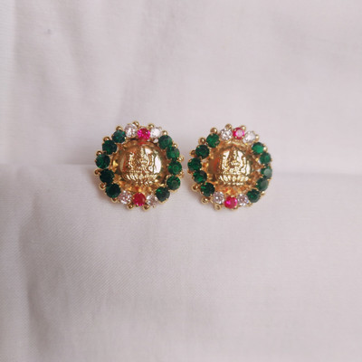 kurdekars divuu green white red stones fitted laxmi earrings stud Copper Stud Earring