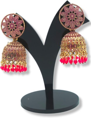 Yaari Collections Gold Plated Traditional Jewelry Rajkot Jhumka With Pink Pearls Work Brass Jhumki Earring