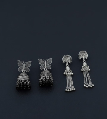 Riavi Collections Silver Plated Peacock Design and Silver Grey Finish Butterfly Jhumka (Combo) Beads Alloy Jhumki Earring, Plug Earring