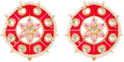 JEWELS GURU White and Red Kundan Stone Meenakari Oversize Stud Earrings_JG Cubic Zirconia Brass Stud Earring