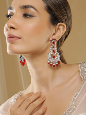 RUBANS Rhodium Plated Red & White Stone Studded & Beads Drop Earrings Beads Alloy Drops & Danglers