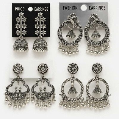divine shine enterprises Silver Oxidised Jewellery Combo Set of 4 Earrings Alloy Stud Earring