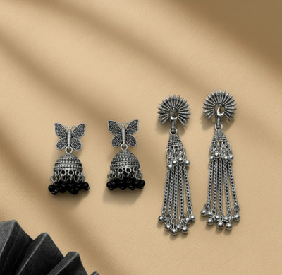 Riavi Collections Silver Grey Finish Butterfly and Grey Finish Peacock Design Jhumka (Combo) Beads Alloy Jhumki Earring