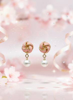 CharmsByChandra Aurelia Pink Enamel Knot Pearl Drop Party Wear Korean Earrings for Women & Girls Pearl Stainless Steel Drops & Danglers