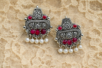 brassjewel Oxidised Silver Red Stone Jhumka Earrings with Pearl Drops for Women & Girls Crystal Brass Rhinestone Studs