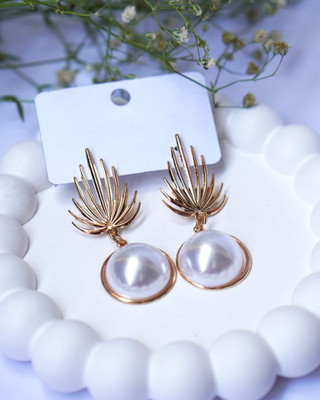 manira Statement Gold Palm Leaf & Pearl Drop Dangle Earrings - Glamorous Western Style Pearl Alloy Drops & Danglers