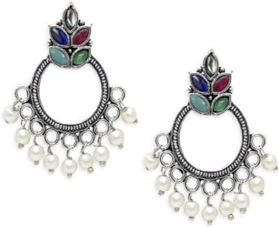 Oomph Oxidised Silver Ethnic Small Drop Earrings - Multicolor Stone & Pearls Floral Beads, Crystal Alloy Drops & Danglers