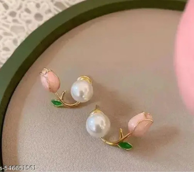 RISHASTYLE Gold plated pearl and lotus motive earrings Zircon Alloy Stud Earring
