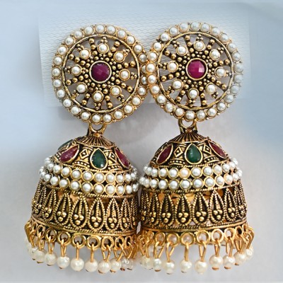 Enjave cosmetic Traditonal Ethnic Pearl Studed Gold Platted Big Oxxidize Jhumka Jhumki For Women Beads Alloy Ear Thread, Earring Set, Hoop Earring, Huggie Earring, Jhumki Earring