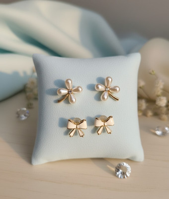 MD CREATIONS HUB Pearl Flower & Bow Design Stud Earrings | Gold Plated |earring for Women Pearl, Crystal Alloy, Brass Stud Earring