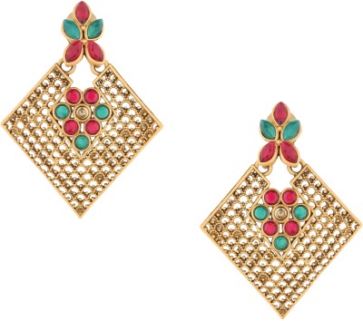 Dreamish Imitation Gold Plated Kundan Studded Meenakari Beads Drop Dangler Chandbali Earrings Cubic Zirconia Brass, Alloy Chandbali Earring, Drops & Danglers