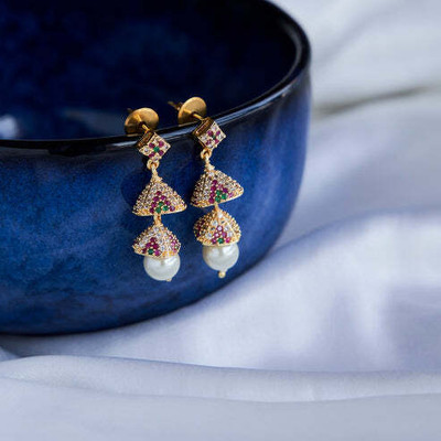 Opal Touch Ivory Shine Double Layer Jhumkas Gold Earring Set