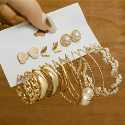 MORYA ENTERPRISE Combo Of 9 Golden Plain Chain and Pearl Big s Alloy Hoop Earring